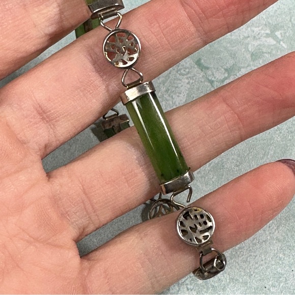 Vintage jade and silver tennis bracelet with Chinese characters - Picture 2 of 8